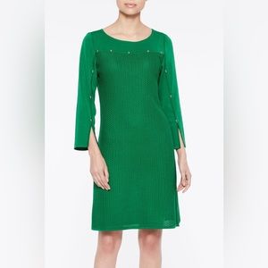 Ming Wang Green Sheath Knit Dress Slit Sleeves Textured Silver Studs | Size S
